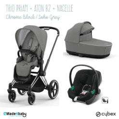 Trio Poussette Priam 4 + Nacelle + Aton B2 CYBEX Chrome Black/Soho Grey - Volcano